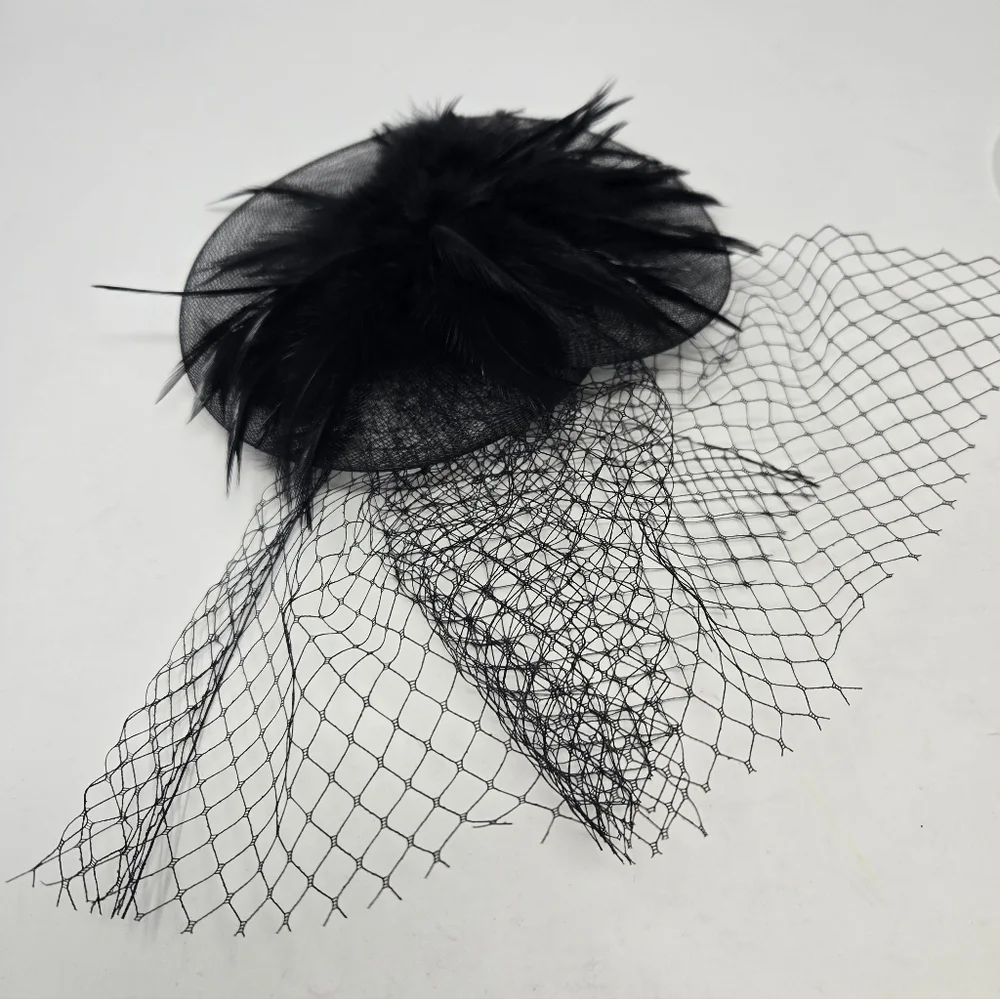HANDMADE VINTAGE BLACK TULLE FEATHERS CLIP ON FASCINTOR HAIR ACCESSORY VEIL